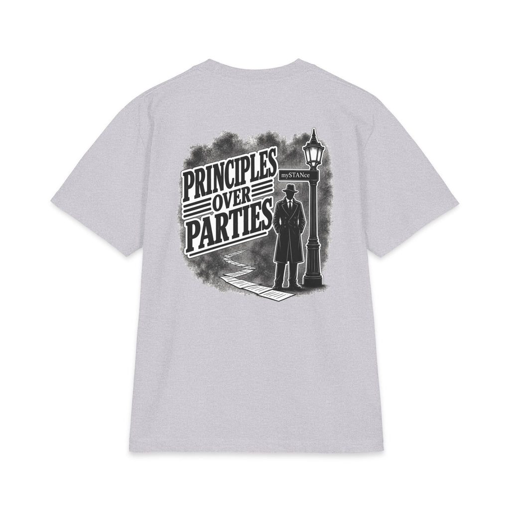Principles Over Parties T‑Shirt — Vintage Detective Silhouette Graphic