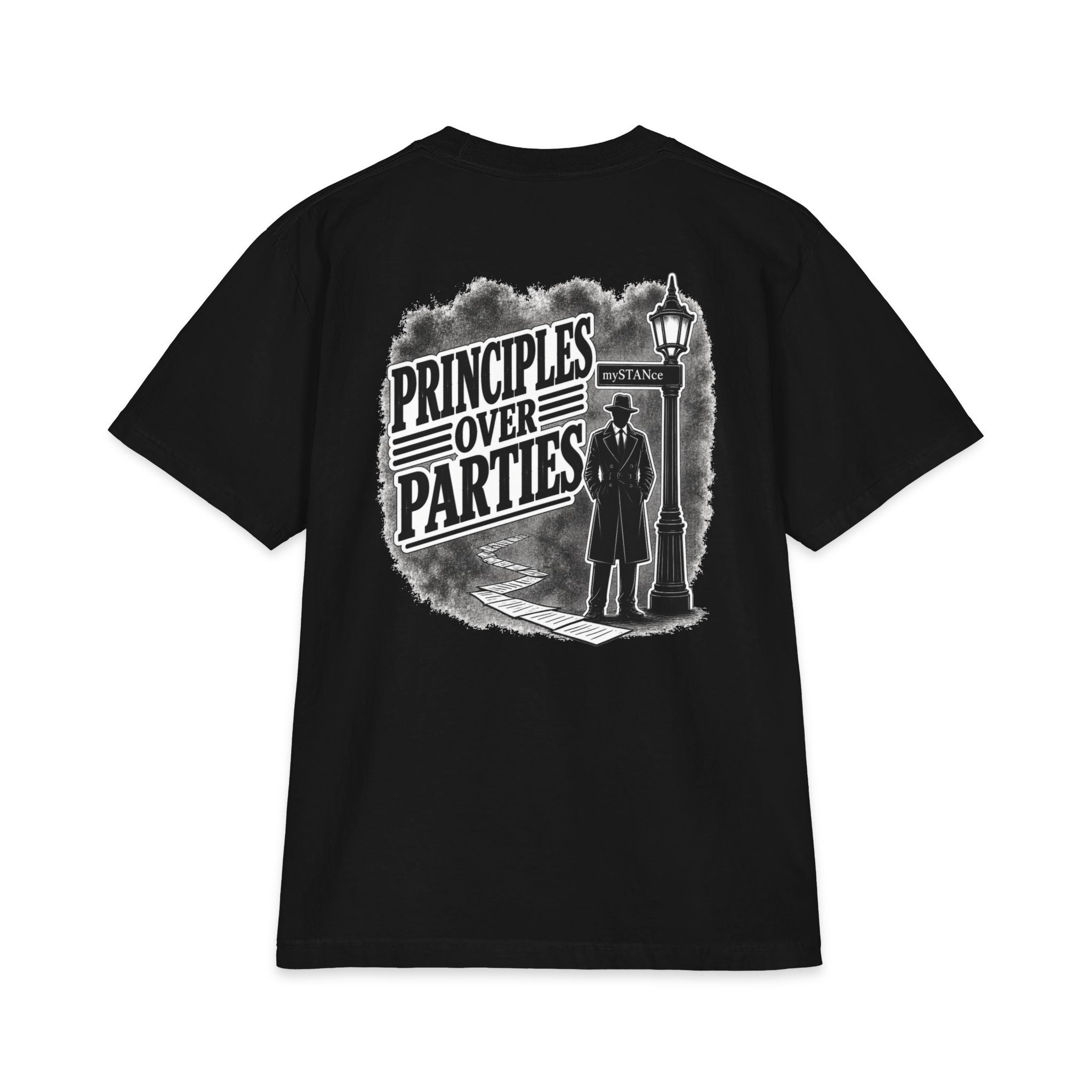 Principles Over Parties T‑Shirt — Vintage Detective Silhouette Graphic