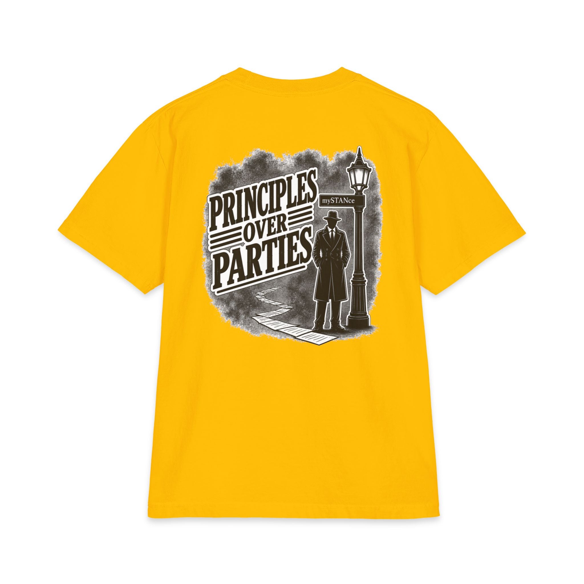 Principles Over Parties T‑Shirt — Vintage Detective Silhouette Graphic