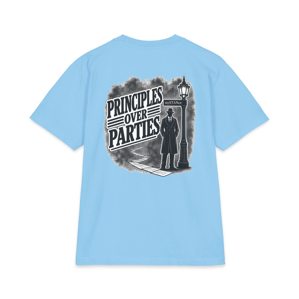 Principles Over Parties T‑Shirt — Vintage Detective Silhouette Graphic