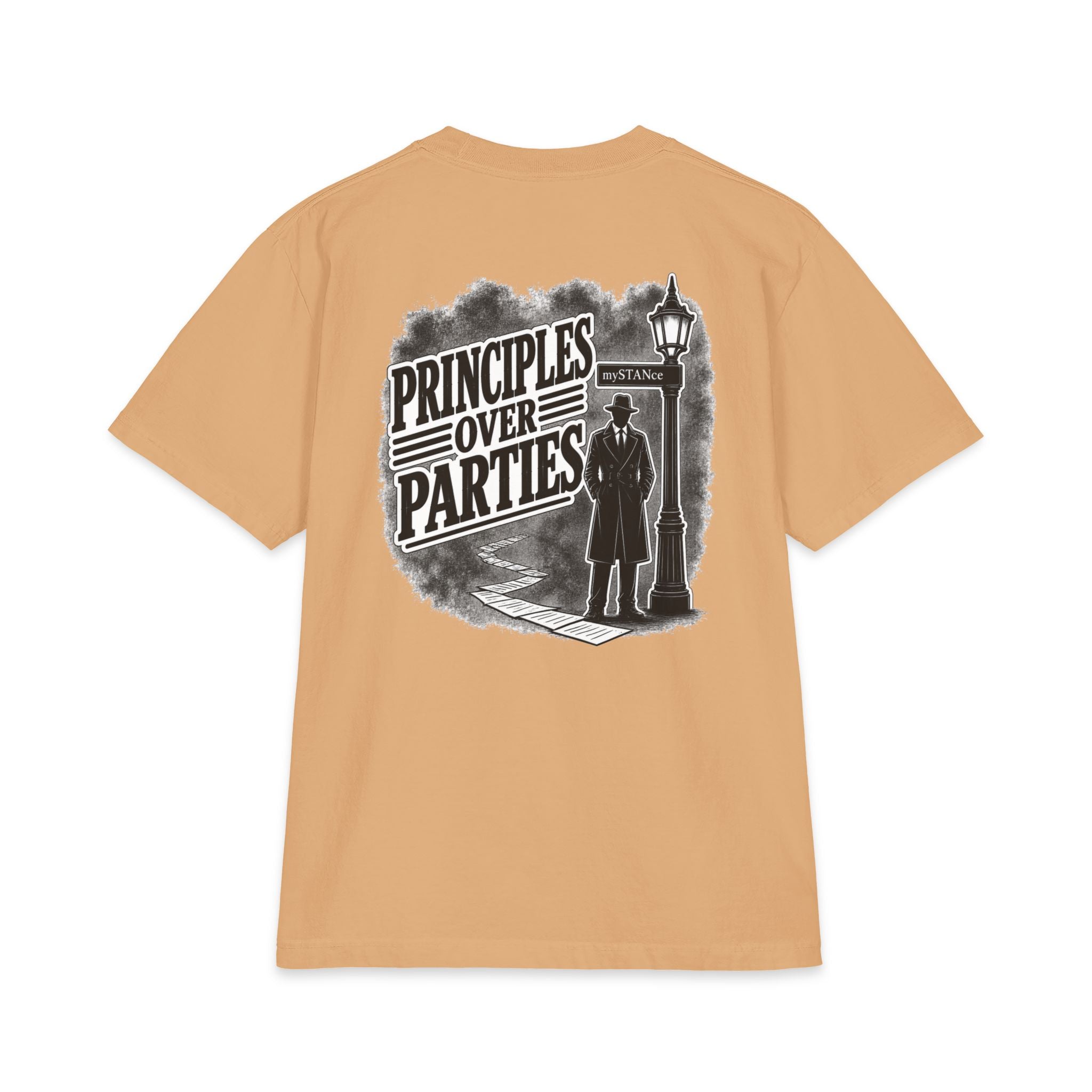 Principles Over Parties T‑Shirt — Vintage Detective Silhouette Graphic