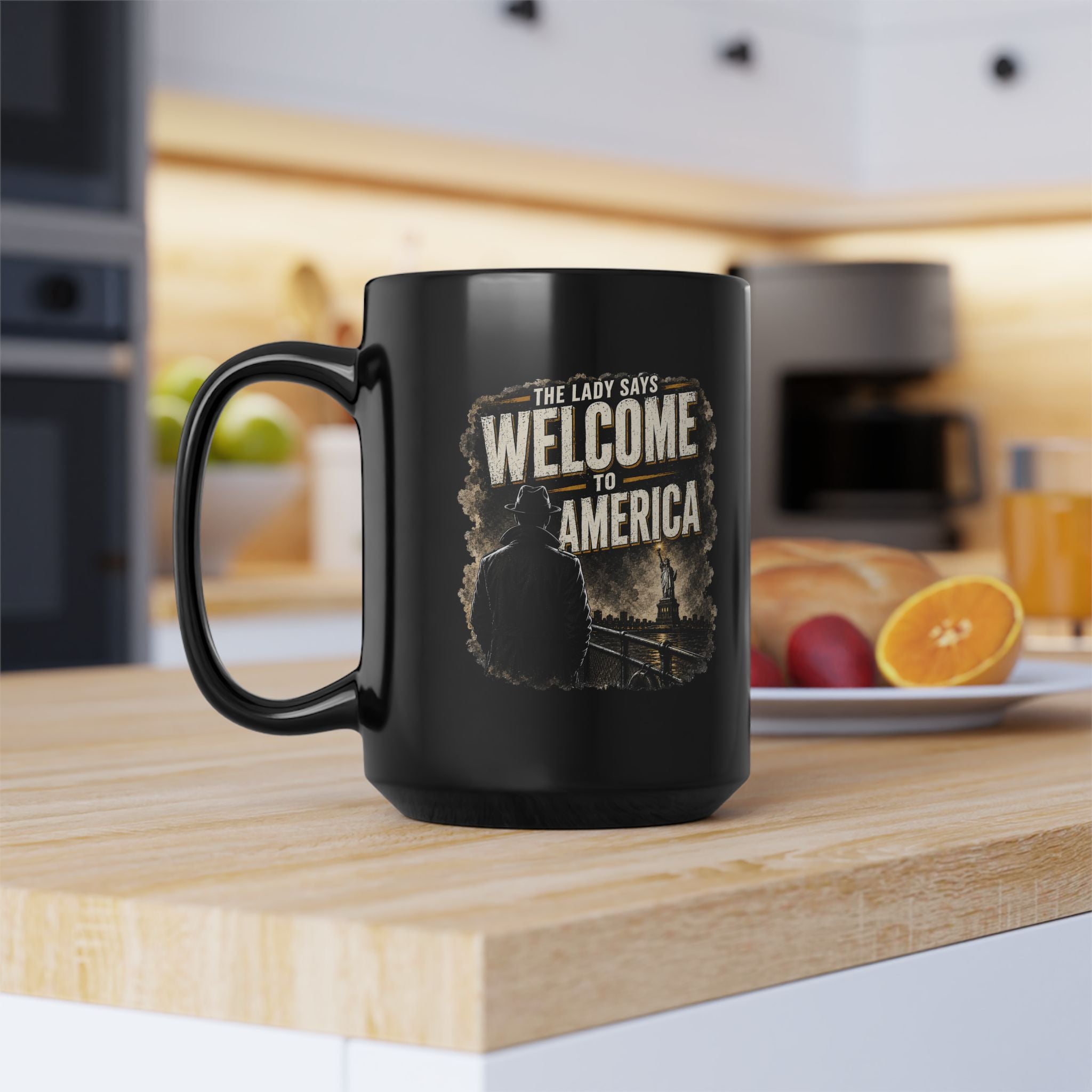 Welcome to America- Statue of Liberty 15oz Black Mug — mySTANce Silhouette Coffee Mug (Vintage Gentleman Design)