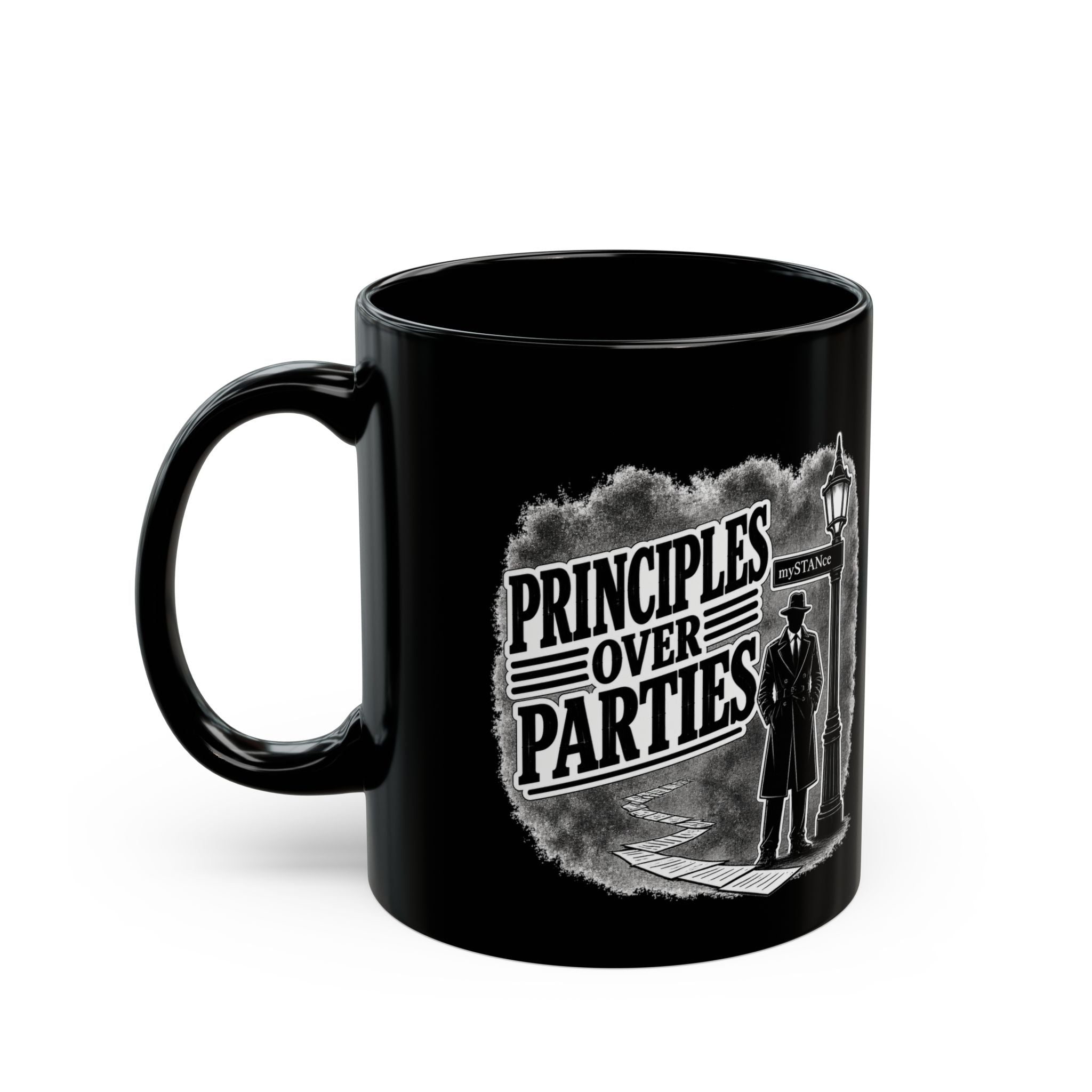 mySTANce Noir Coffee Mug — Detective Silhouette Black Ceramic Mug (11oz/15oz)
