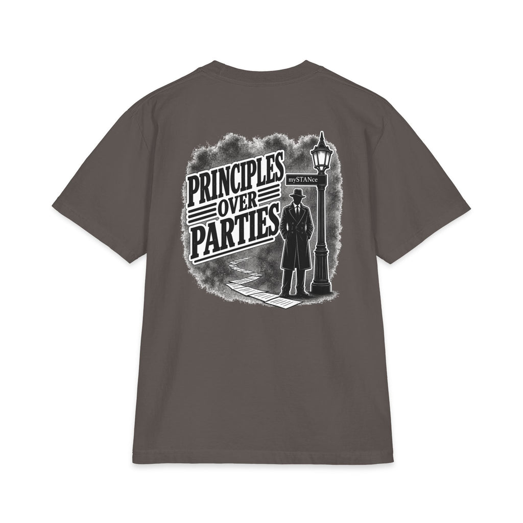 Principles Over Parties T‑Shirt — Vintage Detective Silhouette Graphic