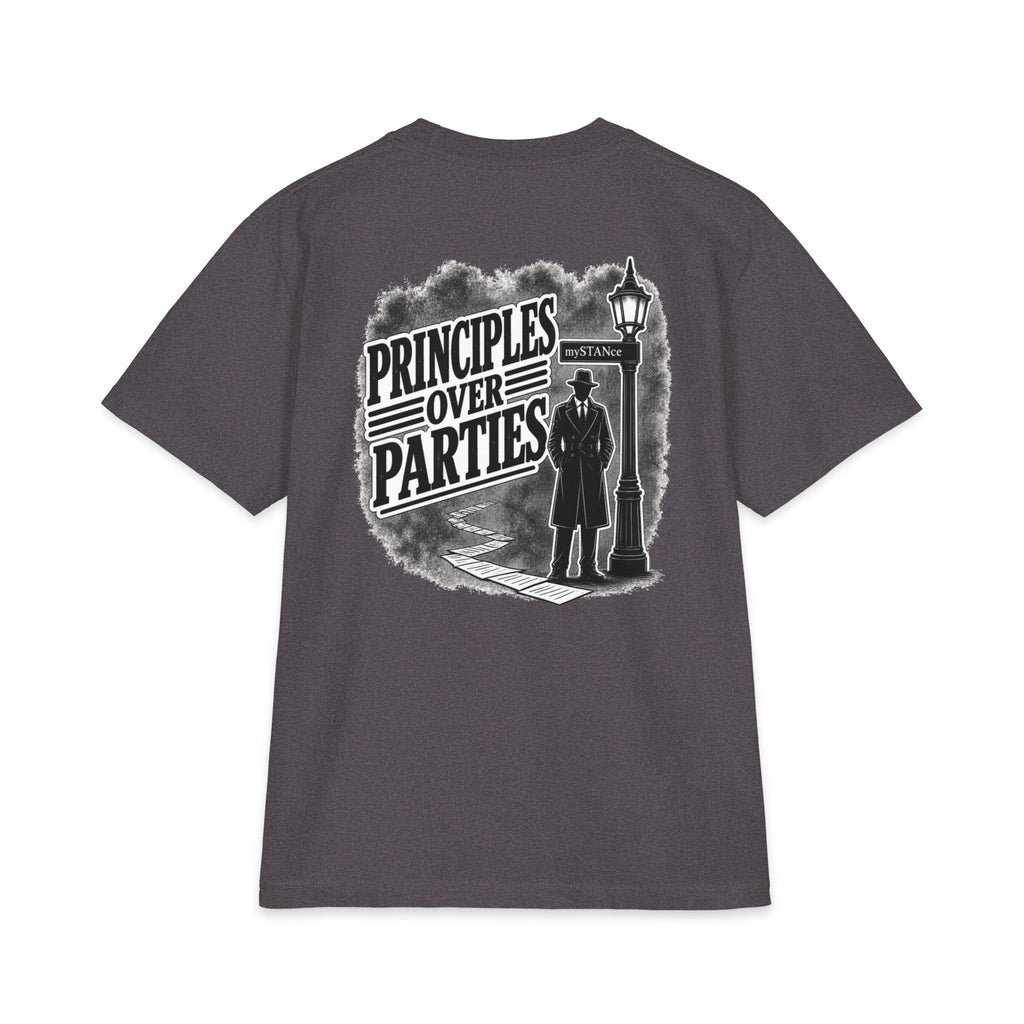 Principles Over Parties T‑Shirt — Vintage Detective Silhouette Graphic