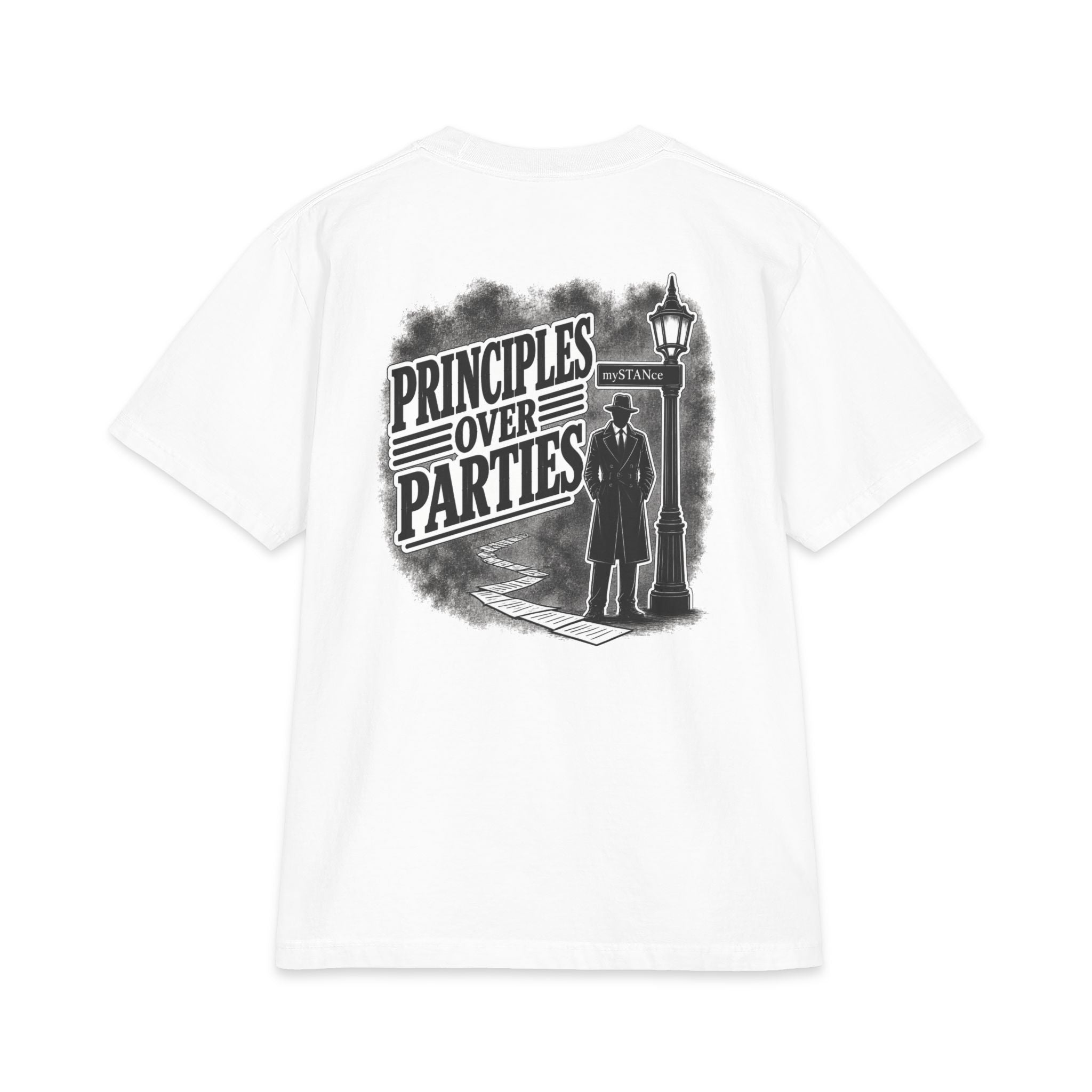 Principles Over Parties T‑Shirt — Vintage Detective Silhouette Graphic
